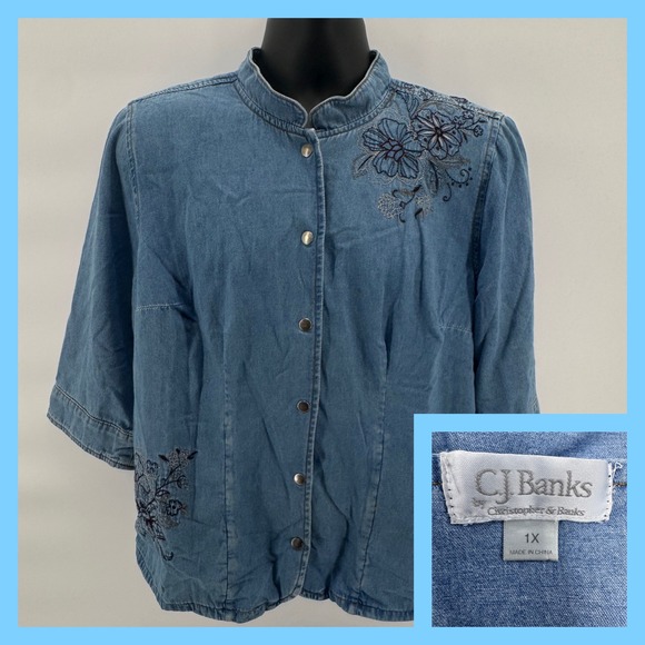 CJ Banks Tops - CJ Banks Women's Blue Denim Embroidered Collarless 3/4 Sleeve‎ Shirt 1X